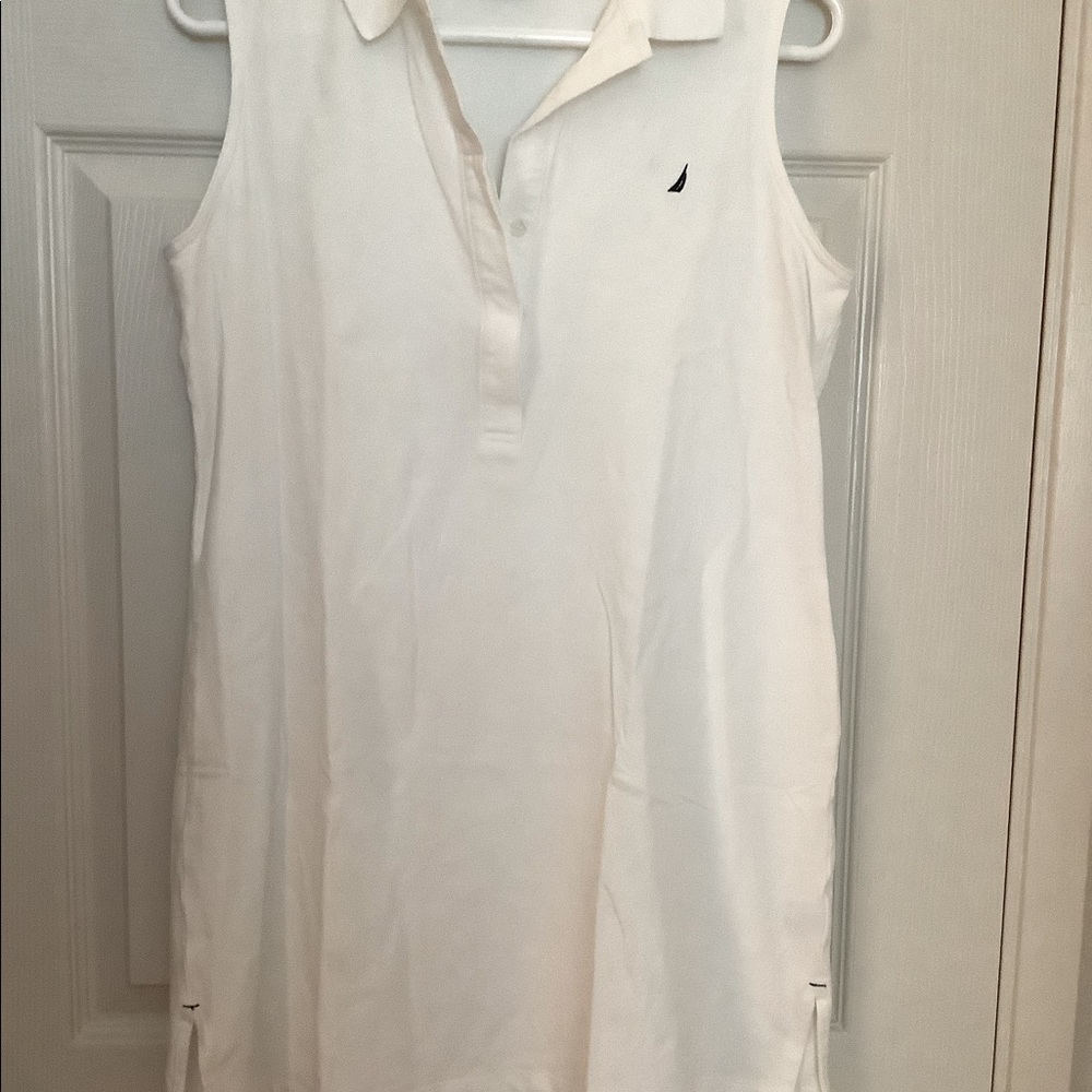Nautica Sleeveless Cotton Pique Shirtdress, White with Small Black Collar Stripe